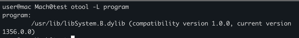 otool dependency listing for the sample program showing libSystem.B.dylib
