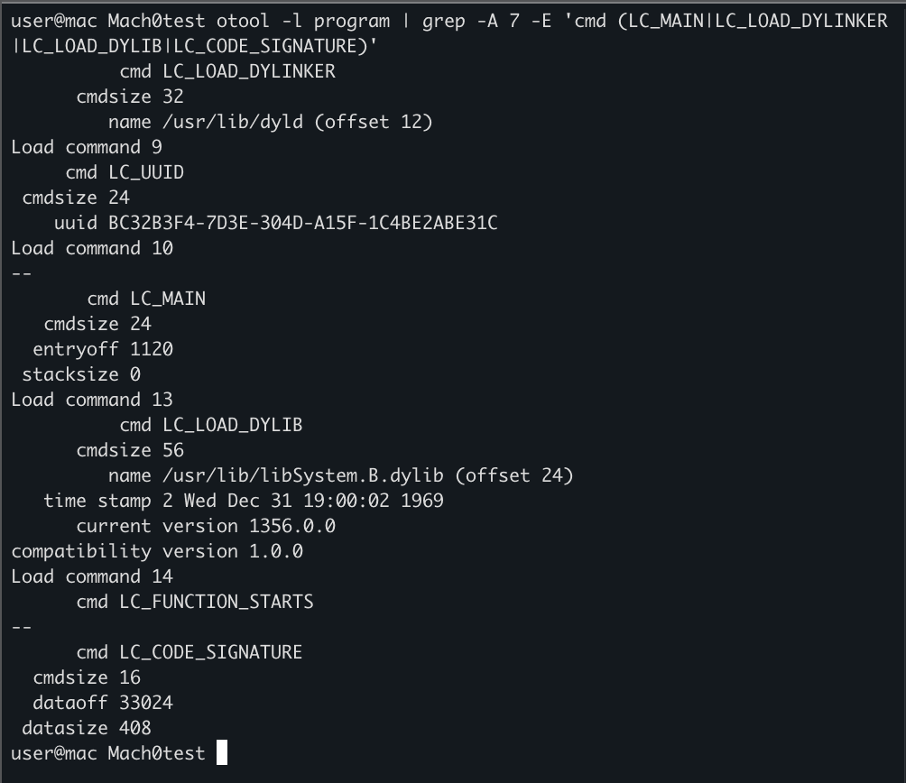 Selected Mach-O load commands showing the dynamic linker, main entry point, libSystem dependency, and code-signature location