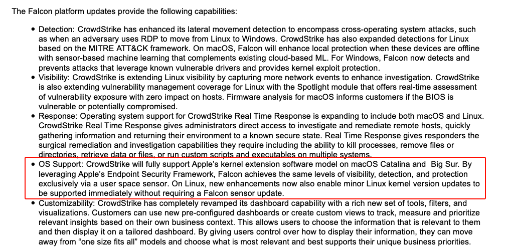 CrowdStrike press release excerpt with the paragraph about Falcon and Apple's Endpoint Security Framework highlighted