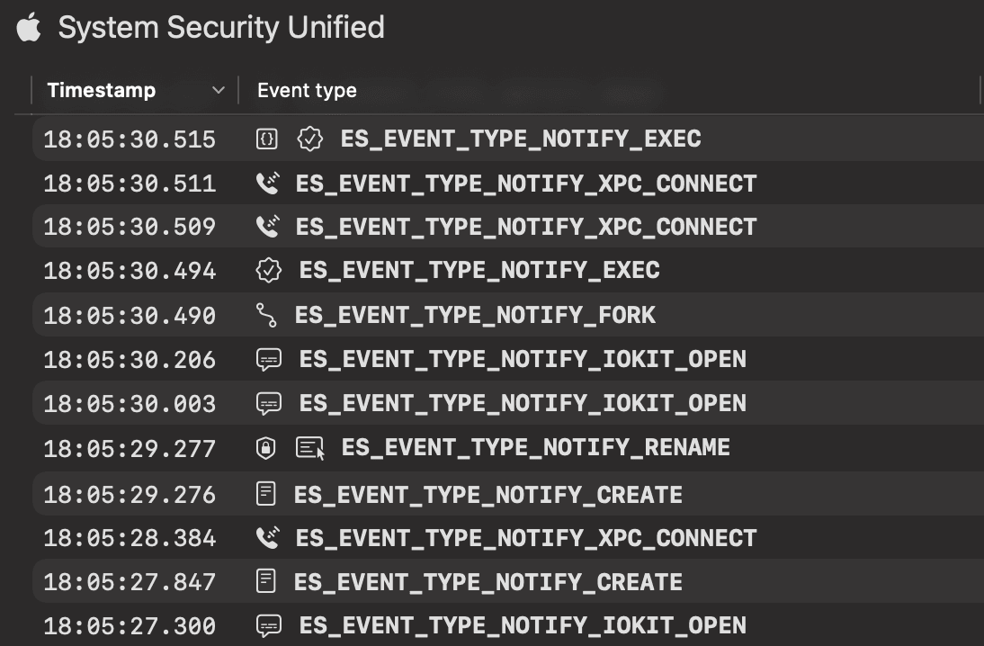 Mac Monitor event list displaying full Endpoint Security event constants
