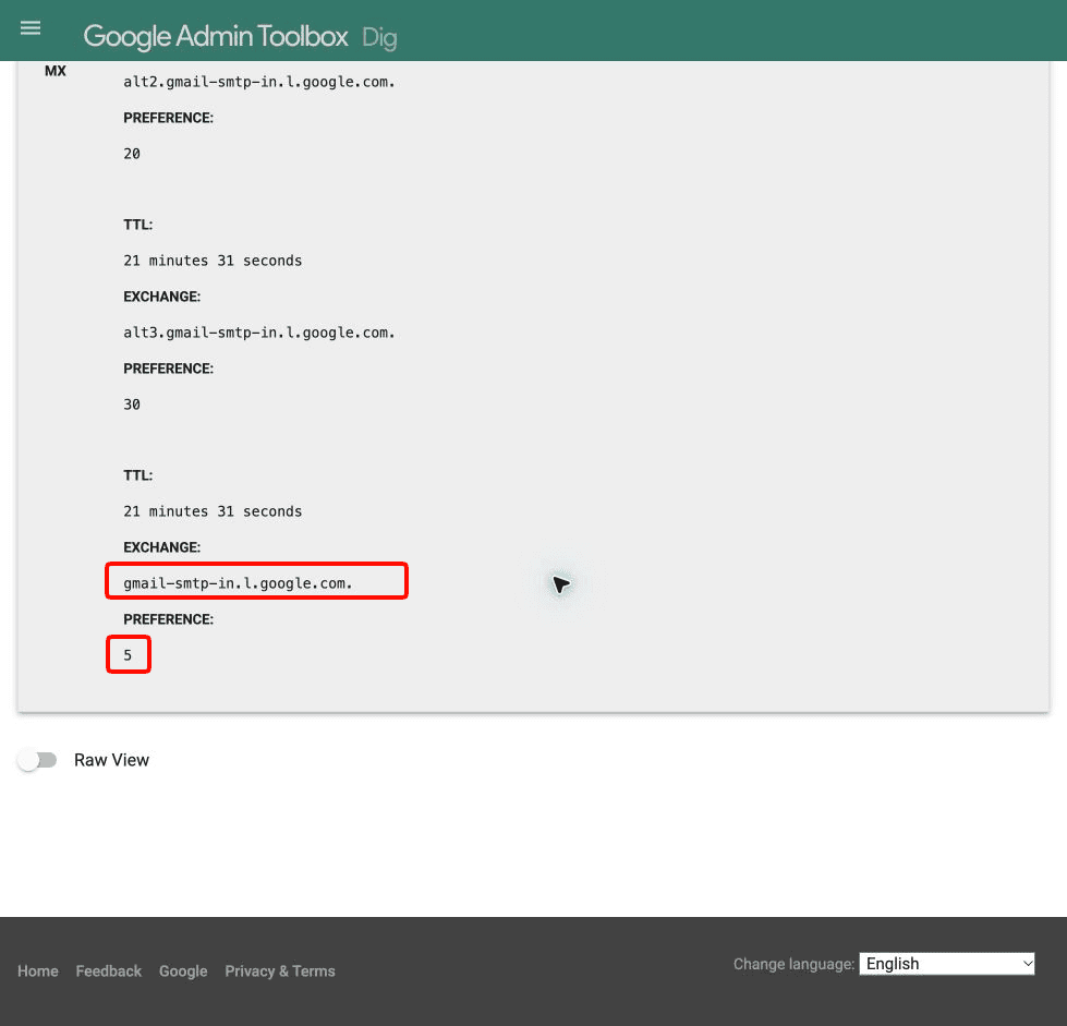 Gmail MX lookup with red boxes around the preferred hostname and preference 5