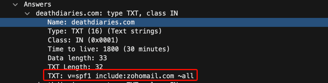 Wireshark DNS answer with the SPF policy boxed in red