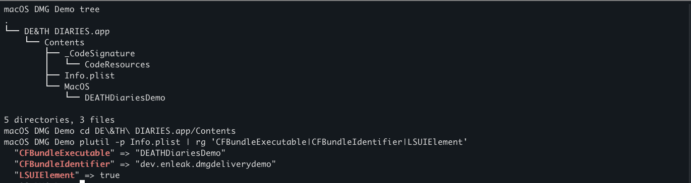 Terminal showing the DE&TH DIARIES application bundle and selected Info.plist values