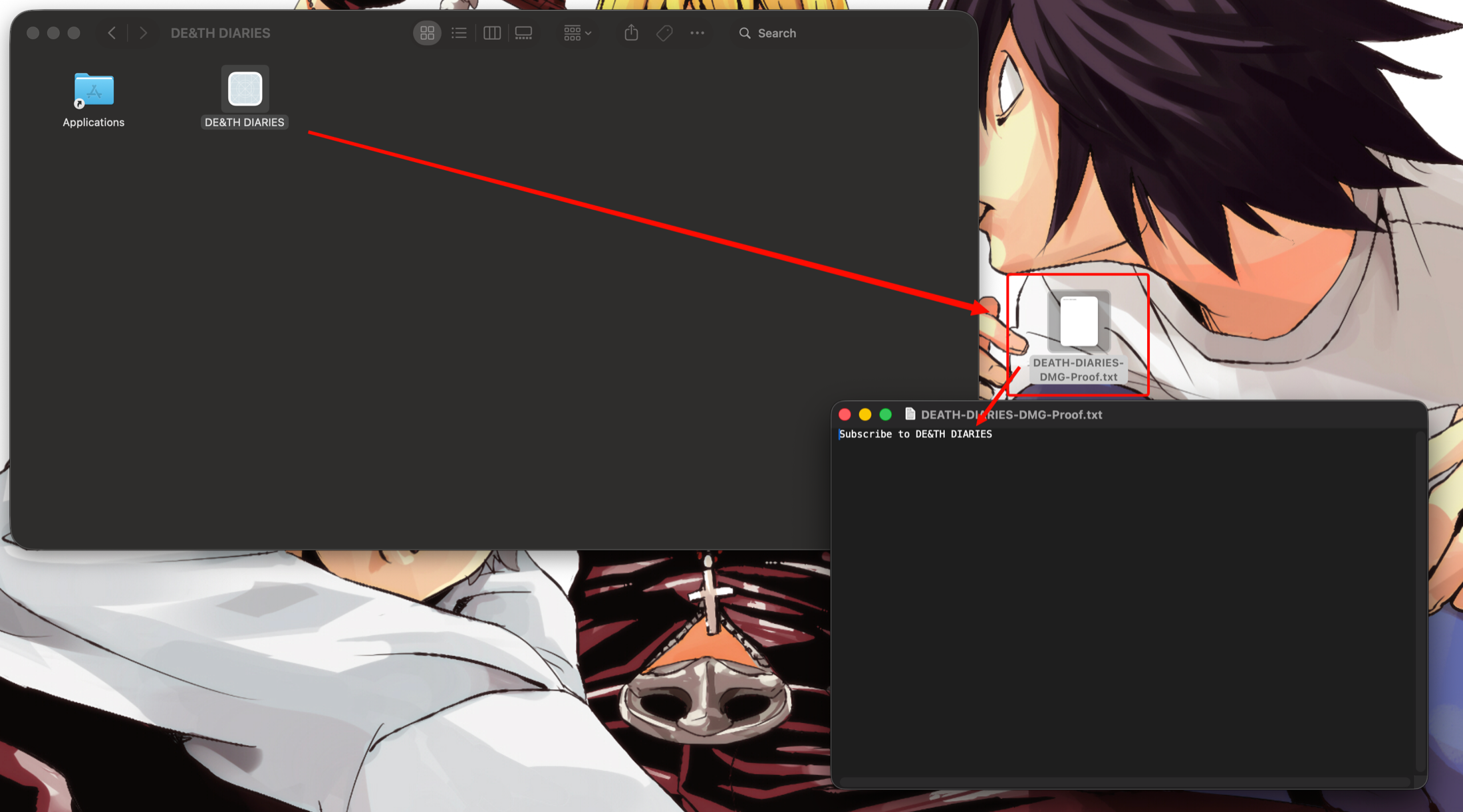 Mounted DE&TH DIARIES application and the Desktop proof file it created after execution