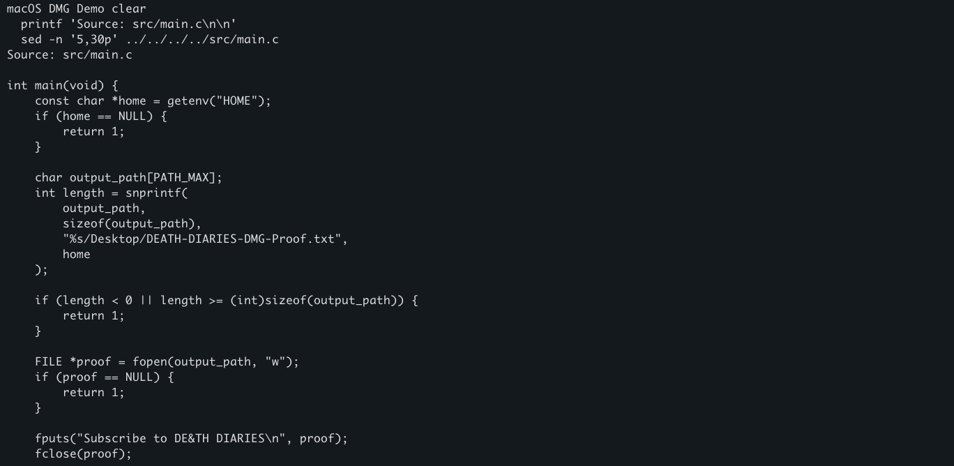 C source code that writes the DE&TH DIARIES proof file to the Desktop