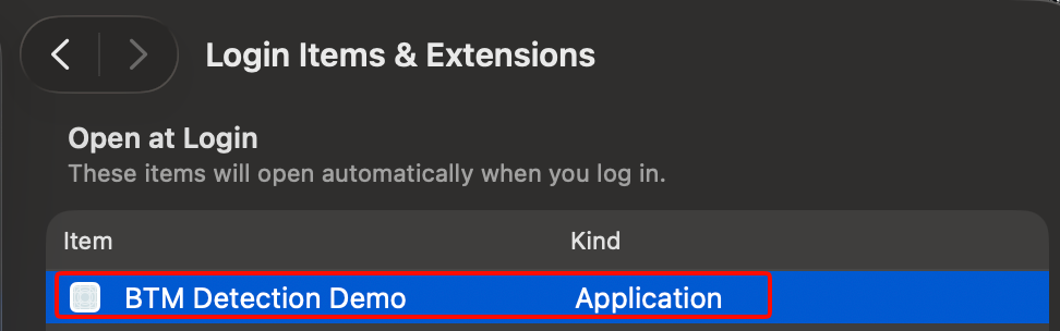 macOS Login Items and Extensions settings showing BTM Detection Demo under Open at Login