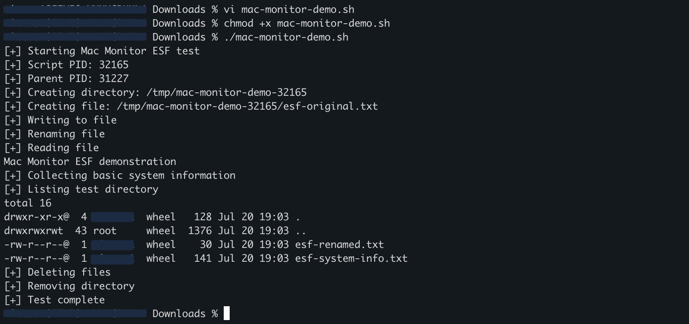 Terminal output from running the Mac Monitor ESF demonstration script