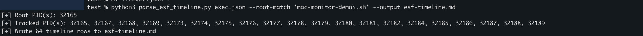 Terminal output from running the ESF timeline parser