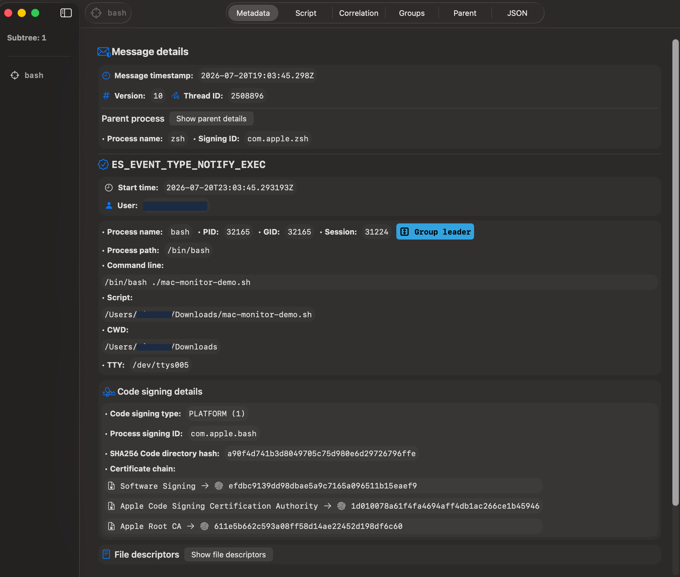 Mac Monitor metadata for the Bash process executing mac-monitor-demo.sh